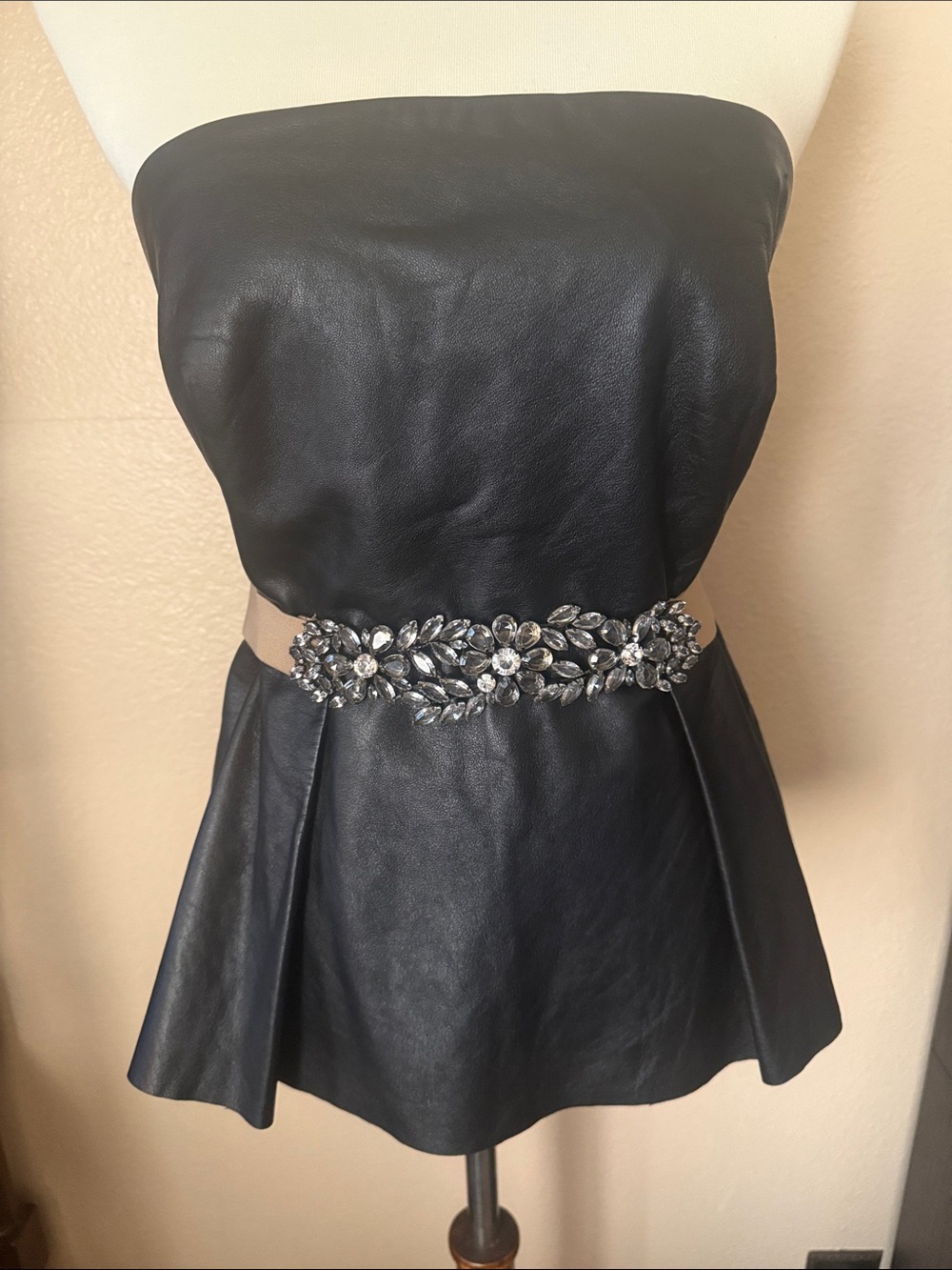 Strapless Black Soft Leather Peplum Strapless Top